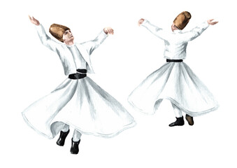 Whirling dervishes, traditional sufi festive Mevlana Rumi in Konya, Turkey. Hand drawn watercolor  illustration  isolated on white background - 760441336