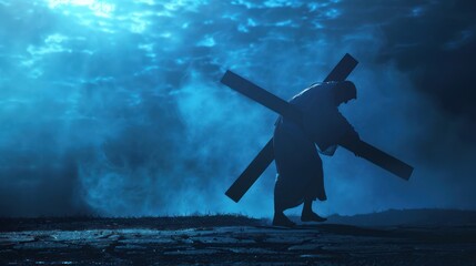 Fototapeta premium The figure of Jesus Christ carrying the cross up Calvary on Good Friday. The sky is dark and ominous