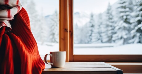 Obraz premium Cocoa on a windowsill with a serene winter landscape at twilight, evoking peace and comfort.