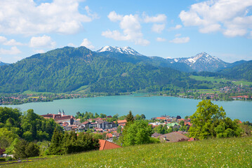 spring landscape tourist resort and lake Tegernsee, view to bavarian alps