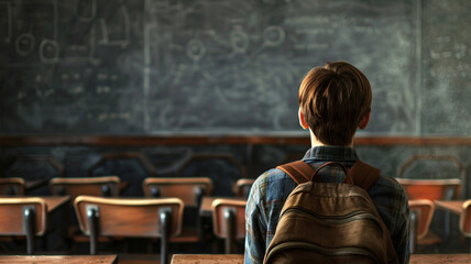 Fototapeta na wymiar back view a student in class on background of blackboard