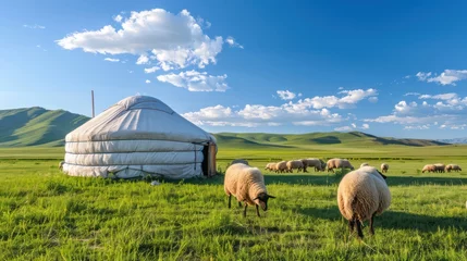 Fotobehang the vast grassland spreads out, and in one of these huge yurts stands a flock of red and white sheep roaming in the distance © Thuch