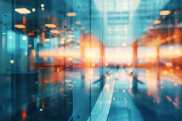Blurred glass reflections, modern business office environment, modern architecture background, and bokeh lights