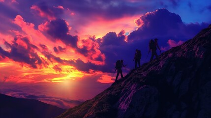Silhouettes of friends hiking up a rugged mountain trail against a vibrant sunset backdrop. - obrazy, fototapety, plakaty