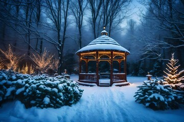 A snow-covered gazebo surrounded by beautiful holiday lanterns casts a comforting glow. - obrazy, fototapety, plakaty