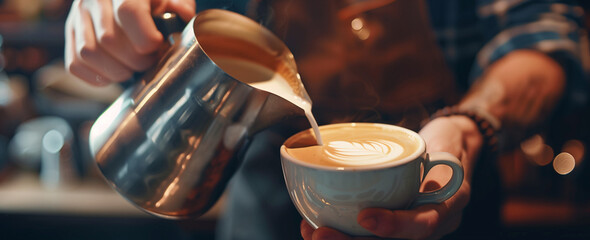 Barista making latte art with coffee in a cafe, close up hand holding a silver milk pot and pouring cream - obrazy, fototapety, plakaty