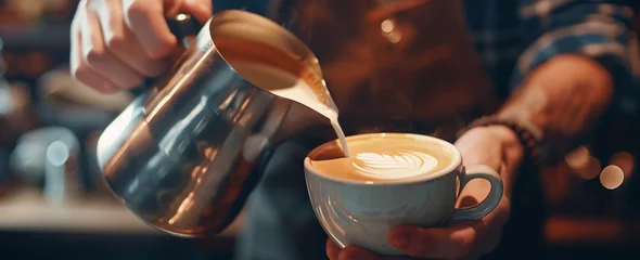 Poster Barista making latte art with coffee in a cafe, close up hand holding a silver milk pot and pouring cream © Maru_sua