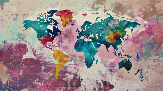 Abstract world map painting evoking global connectivity and artistic interpretation of geography.