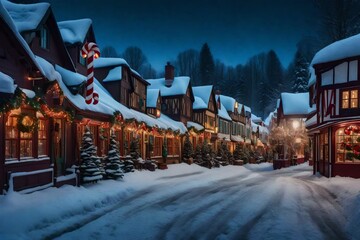 A charming snow-covered village with candy-cane lamps and cheerful stores  