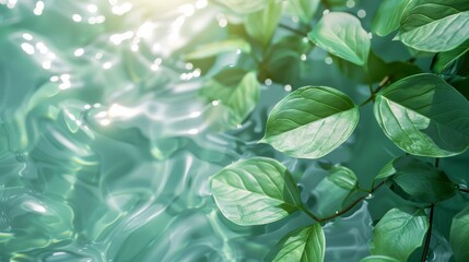 Fototapeta na wymiar Spa Product Green leaves show clear water on a light background. Summer concept, flat lay, top view. background for the display of natural cosmetics. Nature background for luxury product placement
