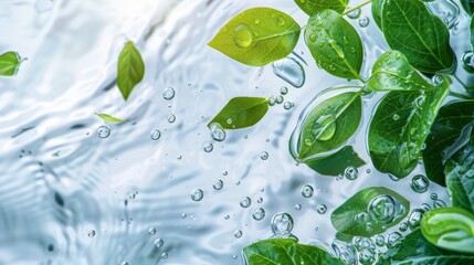 Spa Product Green leaves show clear water on a light background. Summer concept, flat lay, top view. background for the display of natural cosmetics. Nature background for luxury product placement