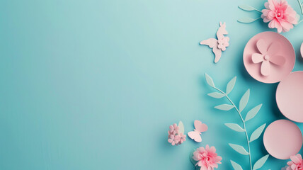 A minimalist pastel composition with floral elements and elegant paper crafts.