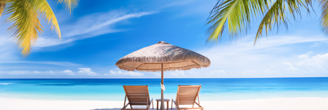 Concept banner tourism, lux travel place for relax on tropical. Panorama sunny tranquil beach scene, with azure waters, under bright blue umbrella.