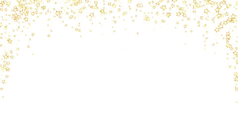 Fototapeta na wymiar Gold sparkling star confetti. Chaotic dreamy childish overlay template. Festive stars vector illustration on white background.
