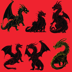 dragon six symbols on red background - 760442720