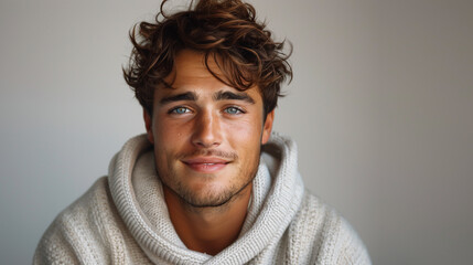 Obraz premium Close up portrait of a handsome man with captivating blue eyes, sporting curly hair and a cozy knit sweater, exuding relaxed confidence.