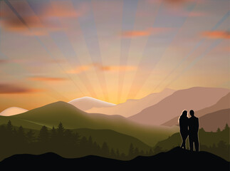 man and woman in mountains under sunset sky
