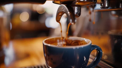 Rolgordijnen photo of espresso coffee dripping from the machine into glass mugs, close up © Maru_sua