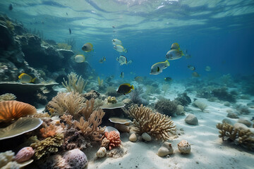 Fototapeta na wymiar The beauty of the underwater world is in the sun's rays that break through the water. Multi-colored corals, shells and fish.
