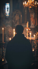 Fototapeta premium An orthodox priest or monk before the althar in an orthodox church