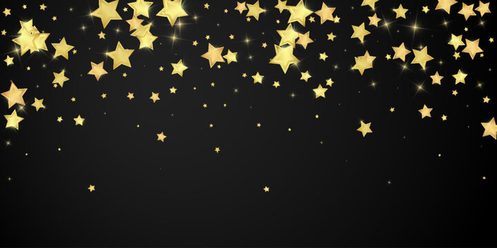 Magic stars vector overlay. Gold stars scattered around randomly, falling down, floating. Chaotic dreamy childish overlay template. Vector magic overlay on black background.