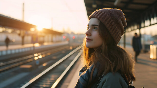 A young woman is standing at the train station, waiting for the train