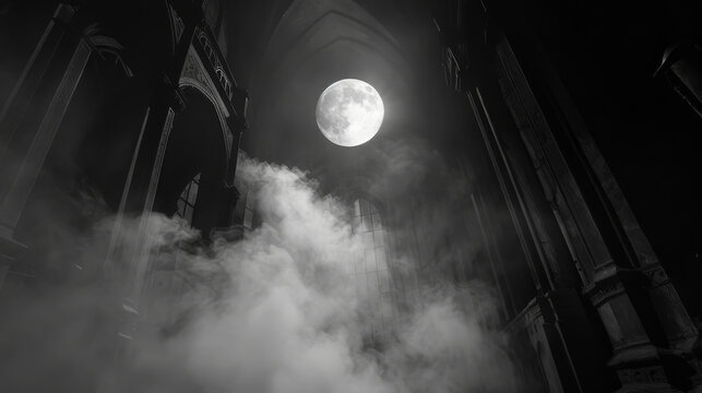 Old gothic castle in the night under the moon