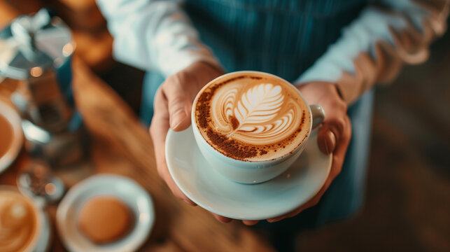 Barista making latte art with coffee in a cafe, close up hand holding a silver milk pot and pouring cream