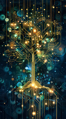 Creative stylized tree made of circuit lines. Nature and electronics fusion concept.