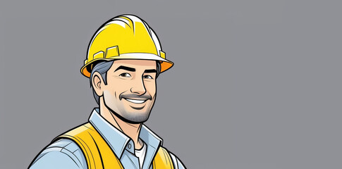 Cartoon construction worker in hard hat with smiling facial expression