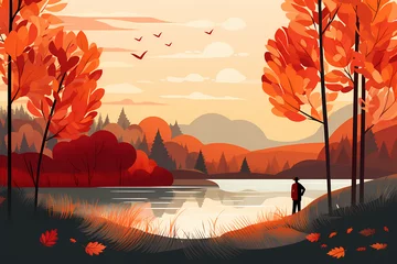 Zelfklevend Fotobehang autumn landscape illustration © ananda