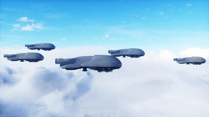 Naklejka na ściany i meble military futuristic ship fly in the clouds. Invasion. 3d rendering.