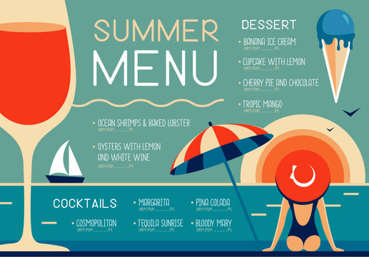 Retro summer restaurant menu design with wine glass, beach umbrella, ice cream and woman in hat. Vector illustration