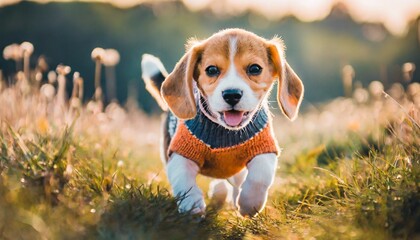 セーターを着ているかわいい子犬のお散歩 - obrazy, fototapety, plakaty