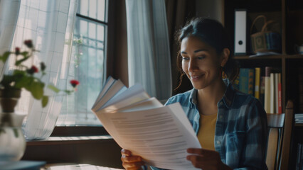 Woman enraptured by the content of a document in warm indoor light.