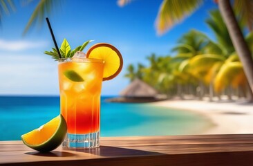 Tropical citrus cocktail in glass against the backdrop of sea and palm trees - 760443950