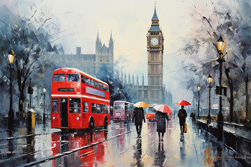 oil painting on canvas, street view of london. Artwork. Big ben. couple and red umbrella, bus and...