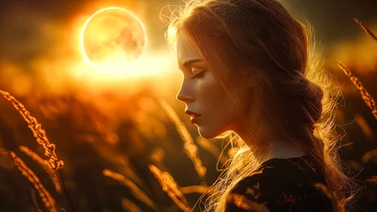 Foto op Canvas Femme blonde au crépuscule dans un champ doré, 8K © Adrien