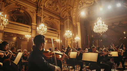 Classical orchestra performing in an opulent concert hall with golden decor.