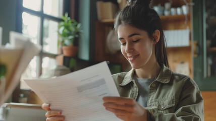 Smiling young woman reading a document in a cozy indoor setting.