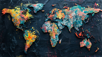 Artistic textured world map with splashes of vibrant paint on dark background.