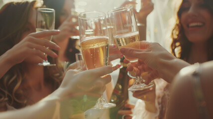 Toasting with champagne, friends celebrate a joyous occasion. - obrazy, fototapety, plakaty