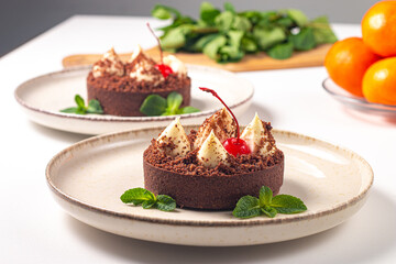 Delicious chocolate tart garnish with cherry and mint. Classic dessert. - 760444595