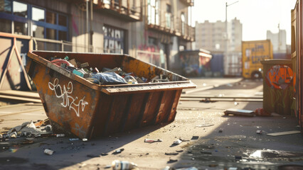 A rusty dumpster overflows with trash on an urban street.