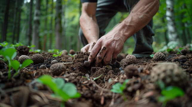 Person harvesting truffles, forest soil, green foliage.