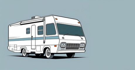 White RV with blue stripes parked on gray background