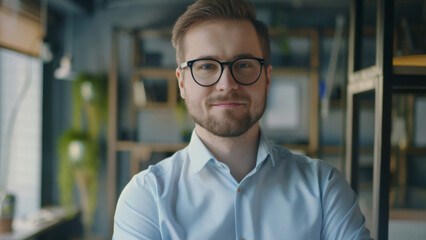 Fototapeta premium Confident young professional with a friendly demeanor in a modern office.