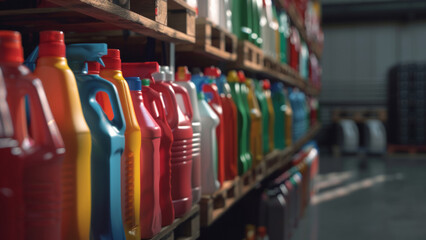 Neat rows of colorful detergent bottles on shelves in an industrial or warehouse setting.