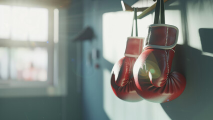 Boxing gloves hanging on a hook, symbolizing determination and the calm after training.