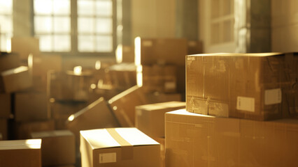 Warm sunlight filters through a window into a dusty warehouse full of cardboard boxes.